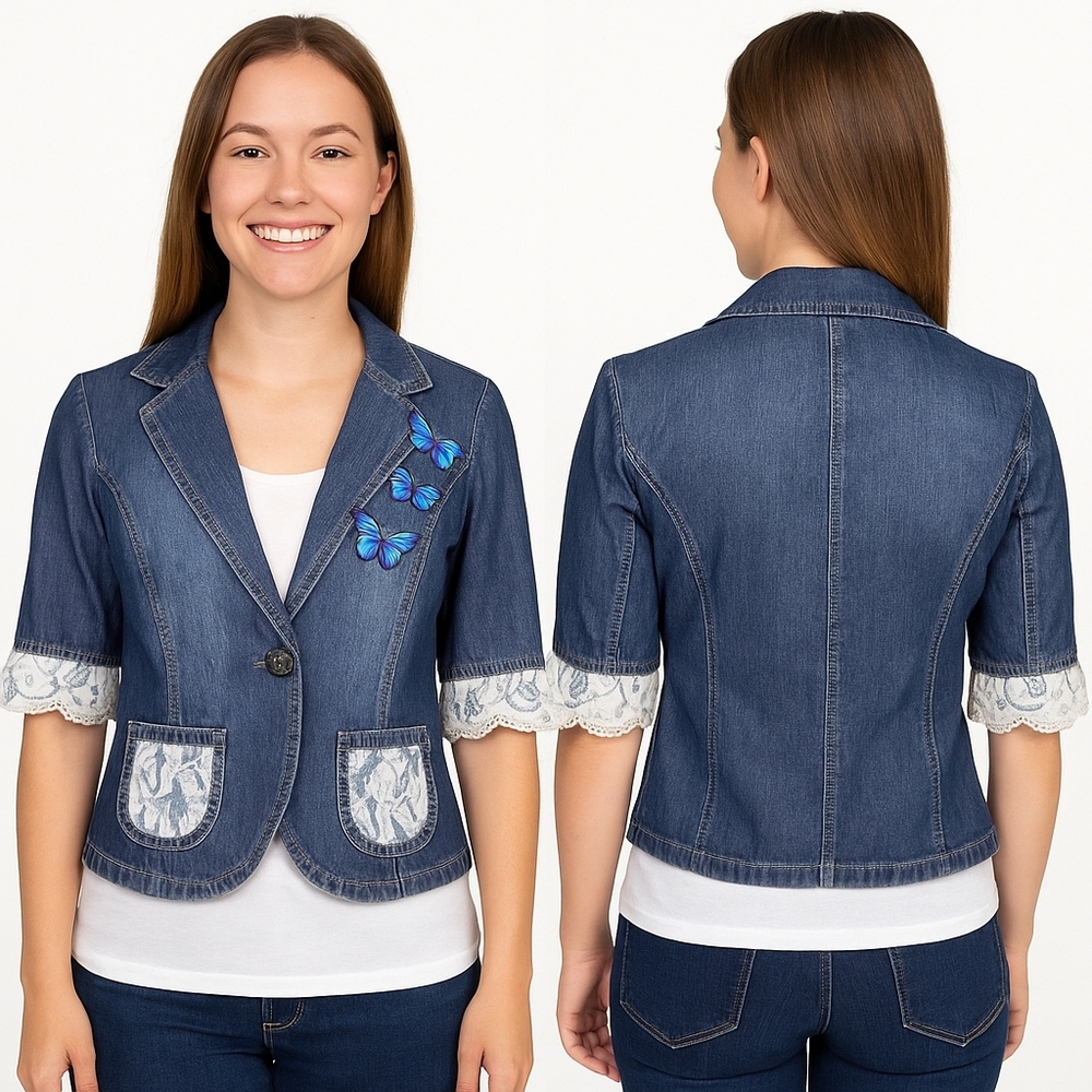 Handmade Women's Short Sleeve Denim Blazer Size Sm